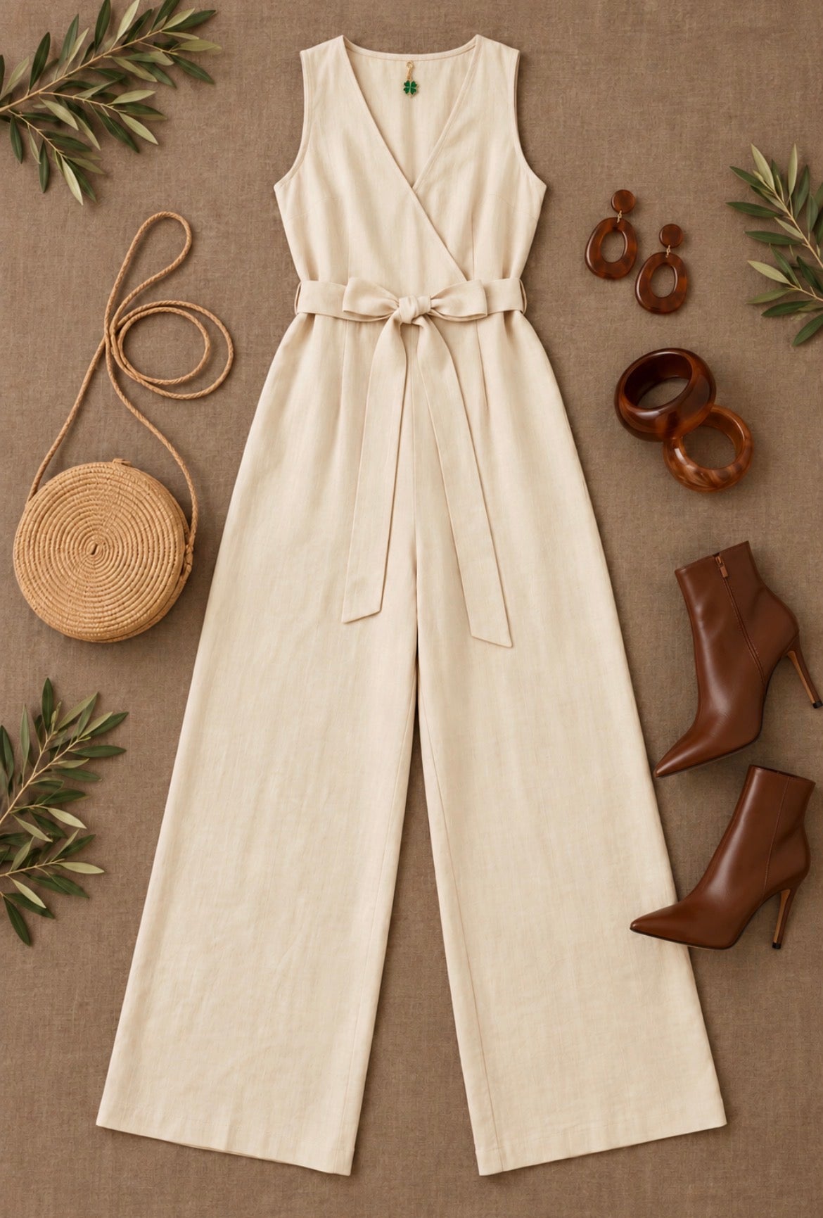 Vista del jumpsuit marfil extendido con lazo en la cintura