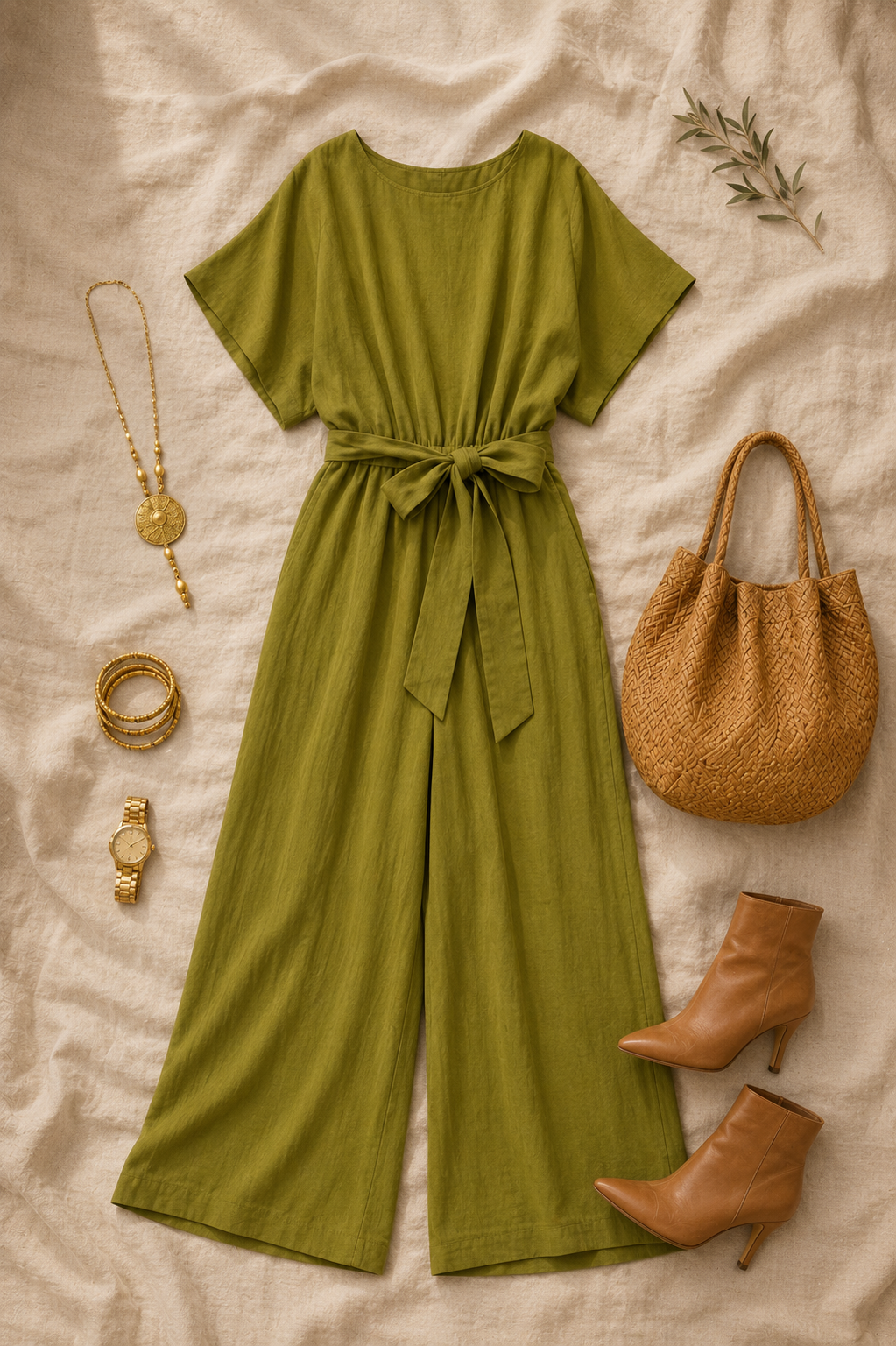 Jumpsuit Olivo - Flat lay con accesorios