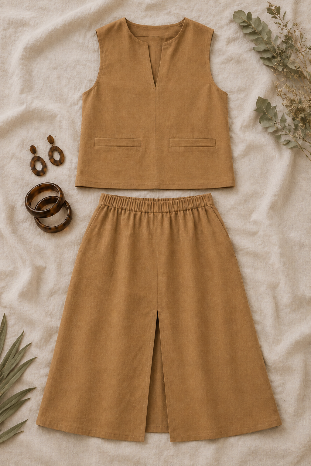 Conjunto Camel top y falda midi
