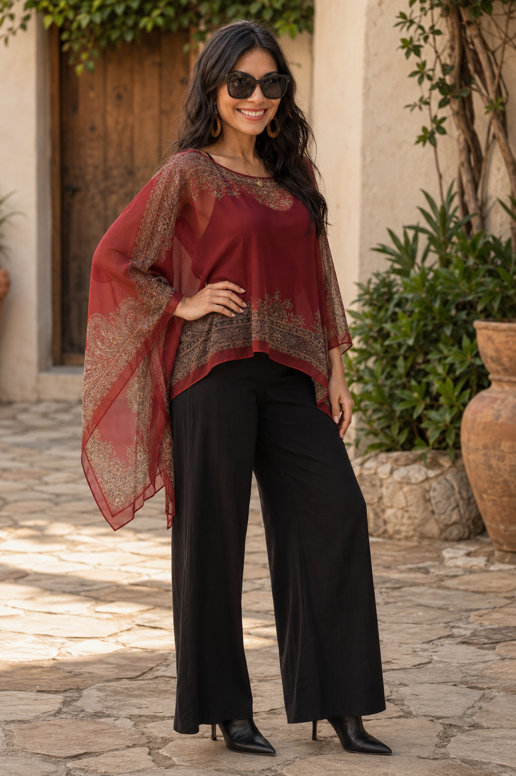 Poncho de Chiffon Paisley – Flujo Boho Etéreo