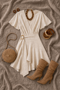 Vestido Crema Luna - flat lay con accesorios boho dorados y botas de tacón
