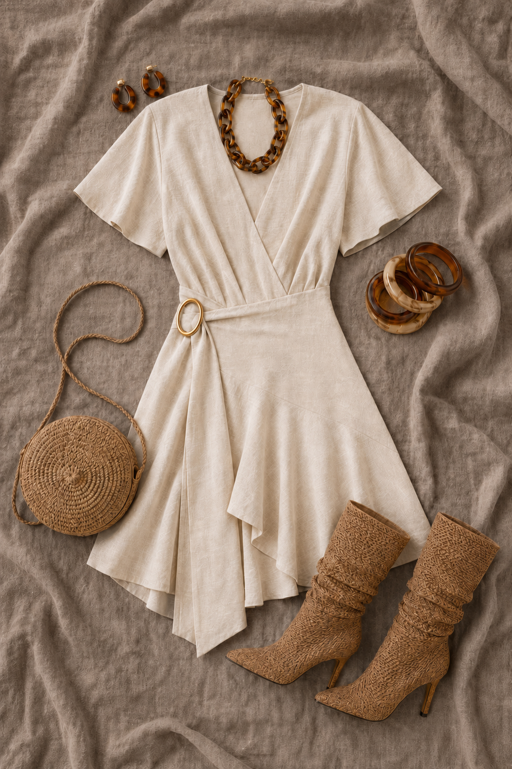 Vestido Crema Luna - flat lay con accesorios boho dorados y botas de tacón