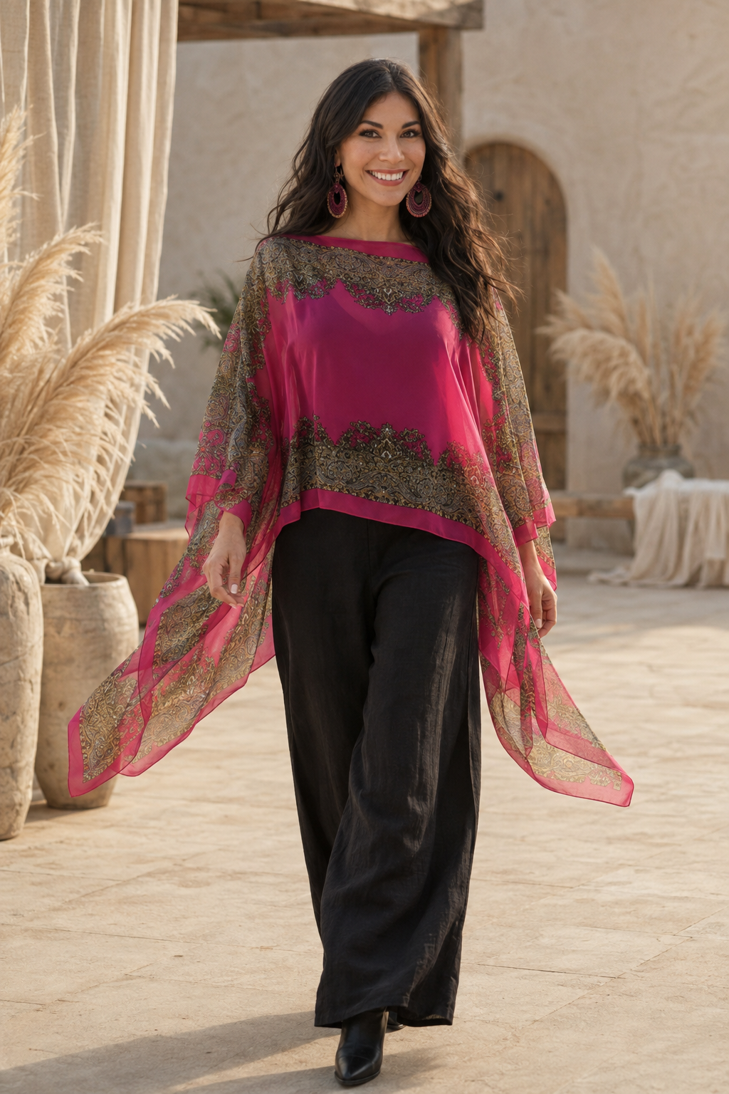 Poncho de Chiffon Paisley – Flujo Boho Etéreo