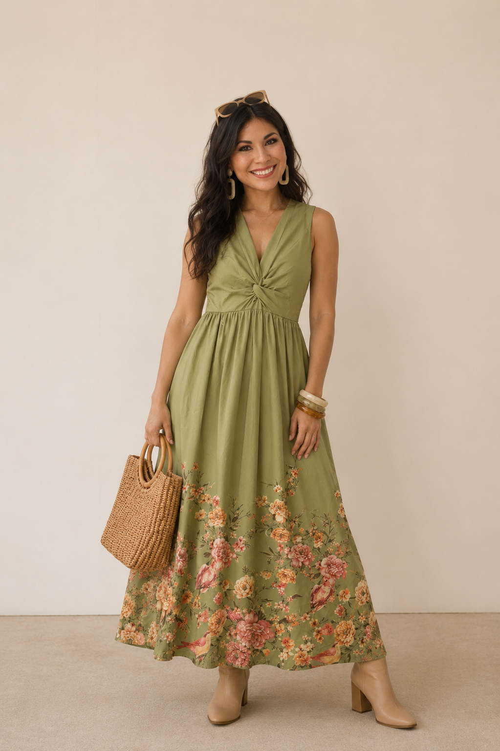Vestido Maxi Eden - Vista flat lay con accesorios