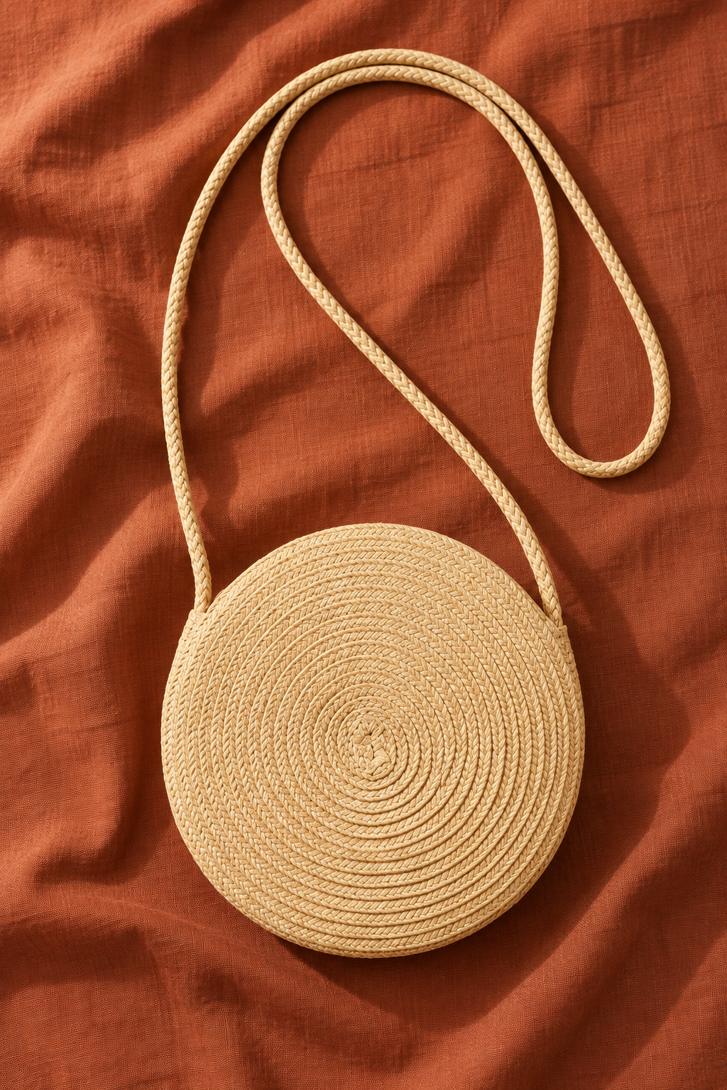 Cartera Sol de Arena beige circular con correa trenzada sobre fondo terracota