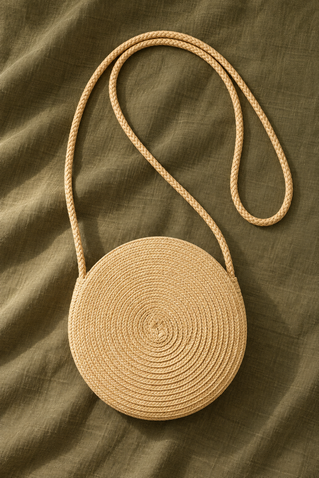 Cartera Sol de Arena beige circular con correa trenzada sobre fondo verde