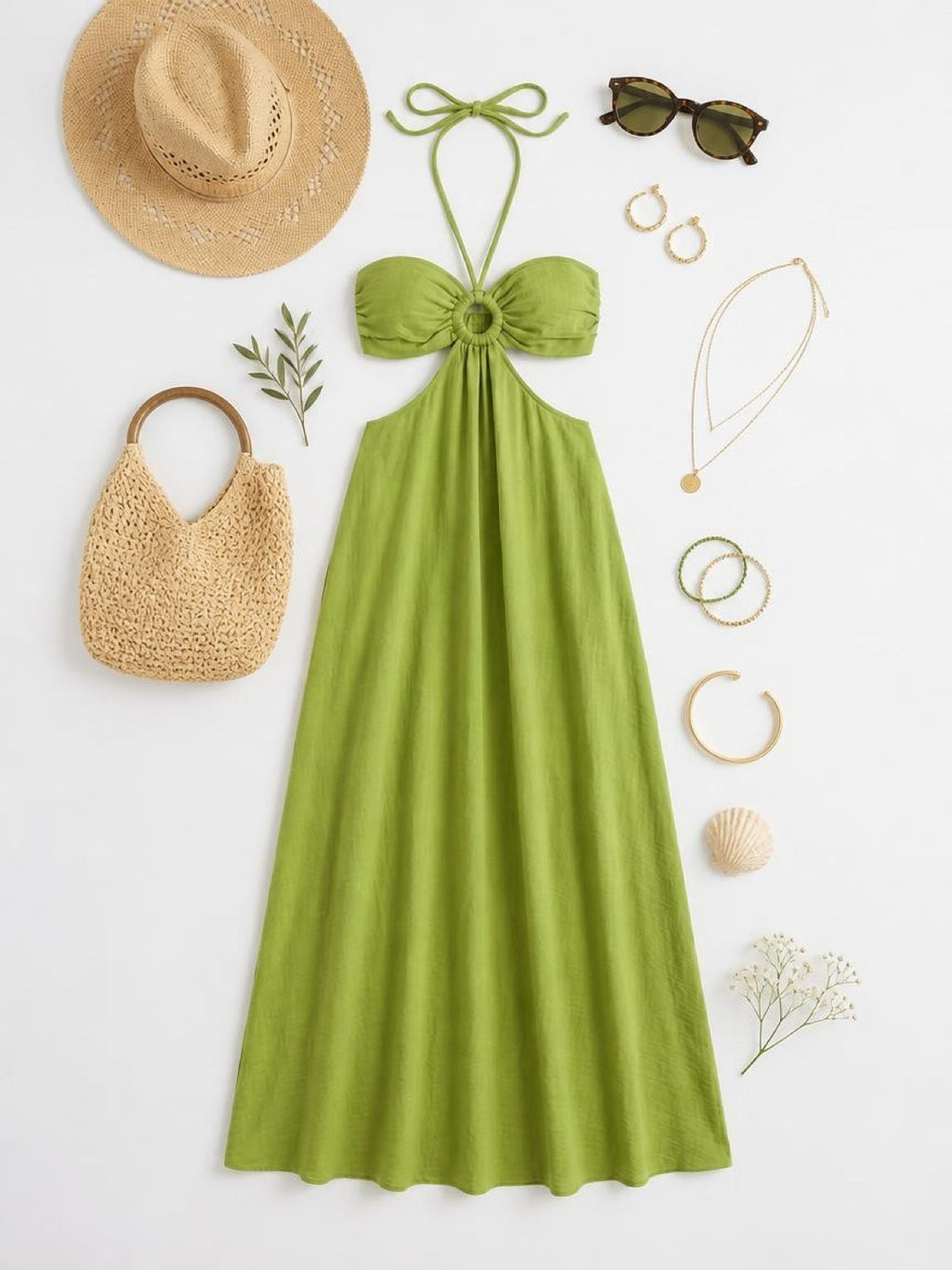 Vestido Maxi Verde Olivo Halter Cut-Out - Flatlay