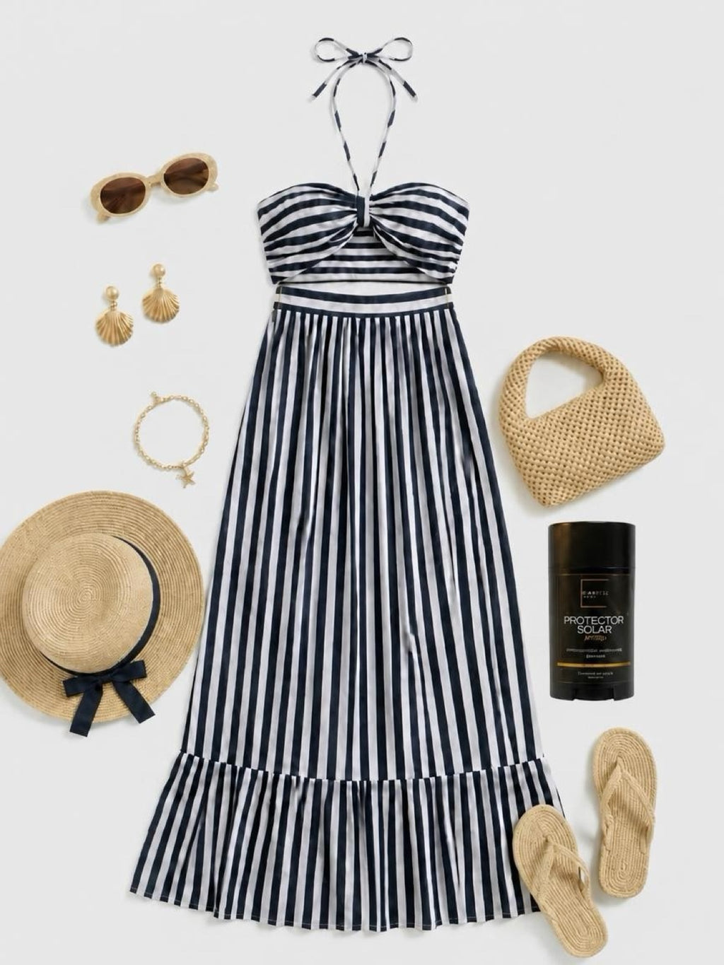 Vestido halter rayas navy - look completo