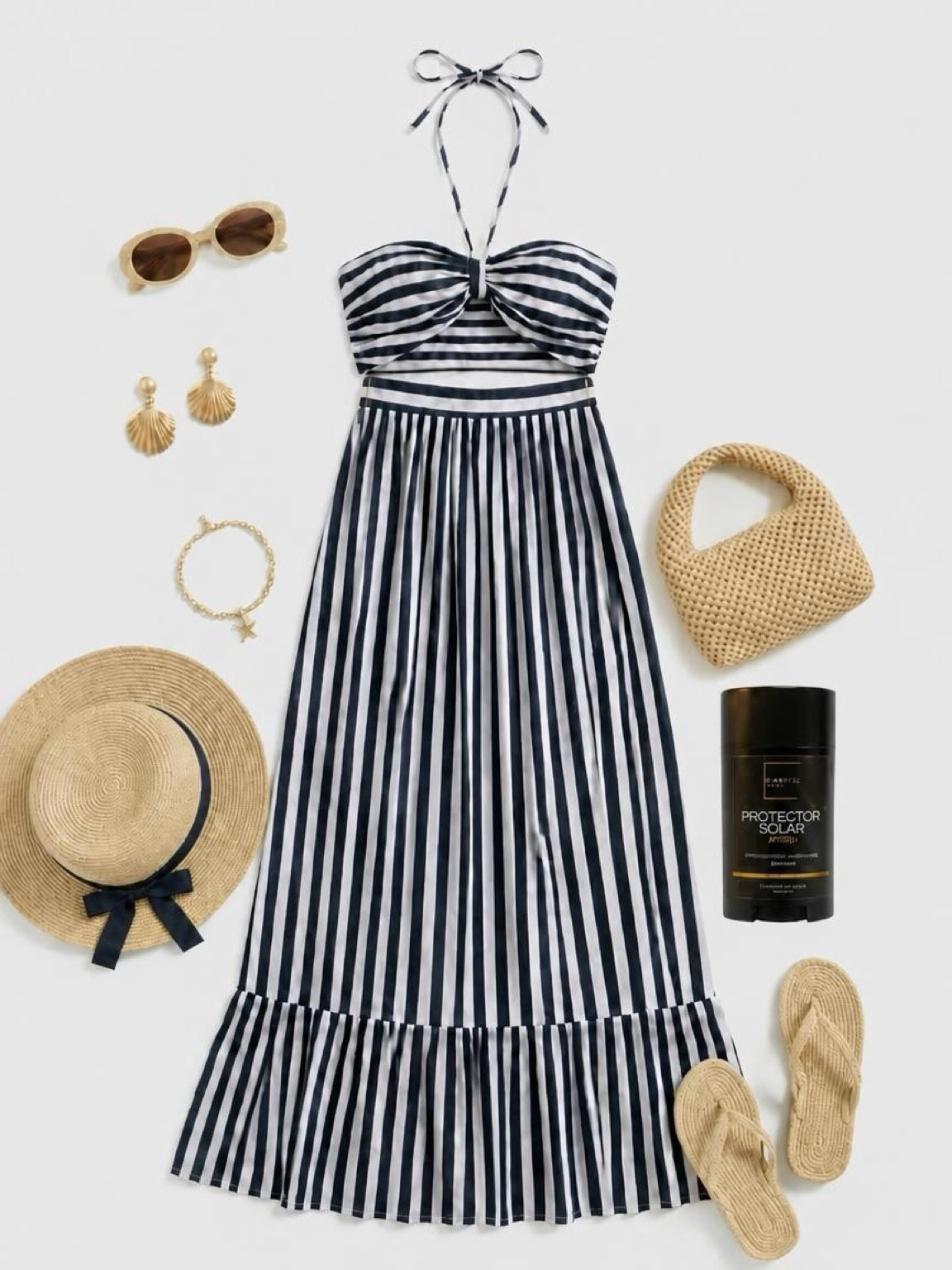 Vestido halter rayas navy - look completo
