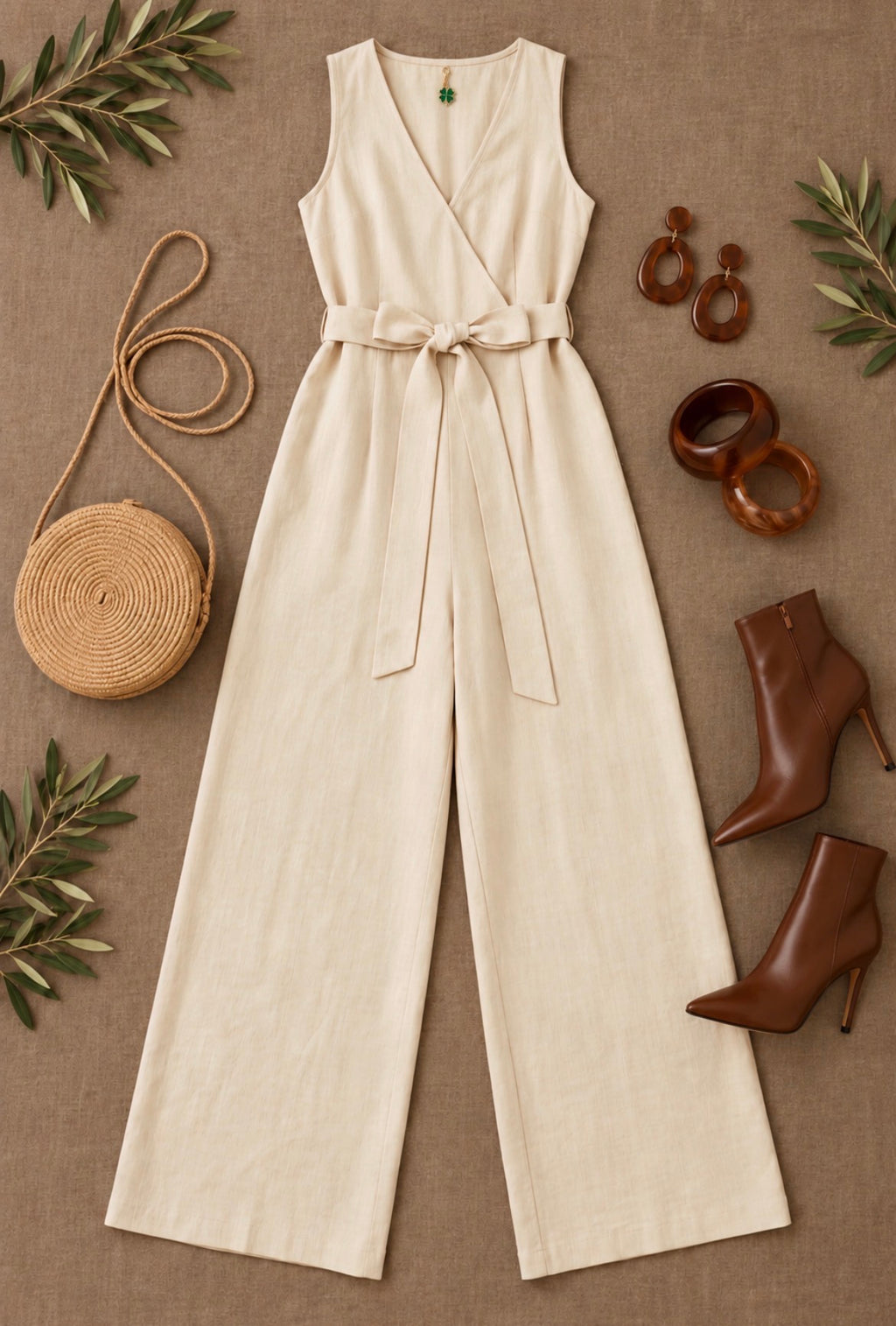 Vista del jumpsuit marfil extendido con lazo en la cintura