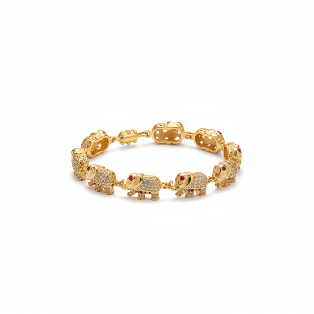 Pulsera Camino del Elefante charms dorados fondo blanco