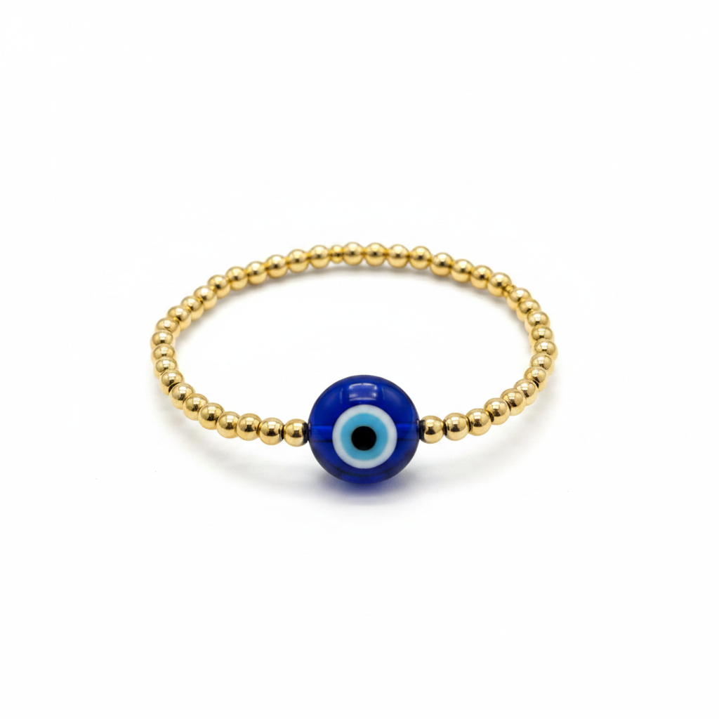 Pulsera elástica de bolitas doradas con ojo turco azul
